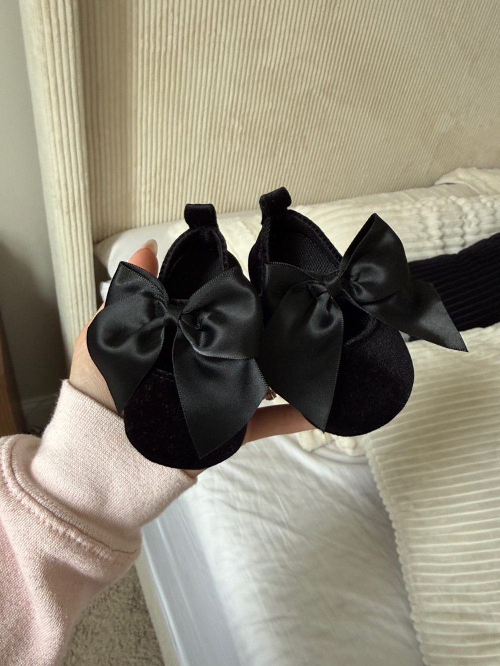 Black Velvet Baby Shoes with Satin Bows